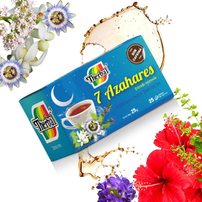 Therbal 7 Blossoms Herbal Tea – 25 Tea Bags – Caffeine-Free, Natural Infusion with Chamomile, Passionflower, Valerian, Hibiscus - Relaxing Nighttime Blend