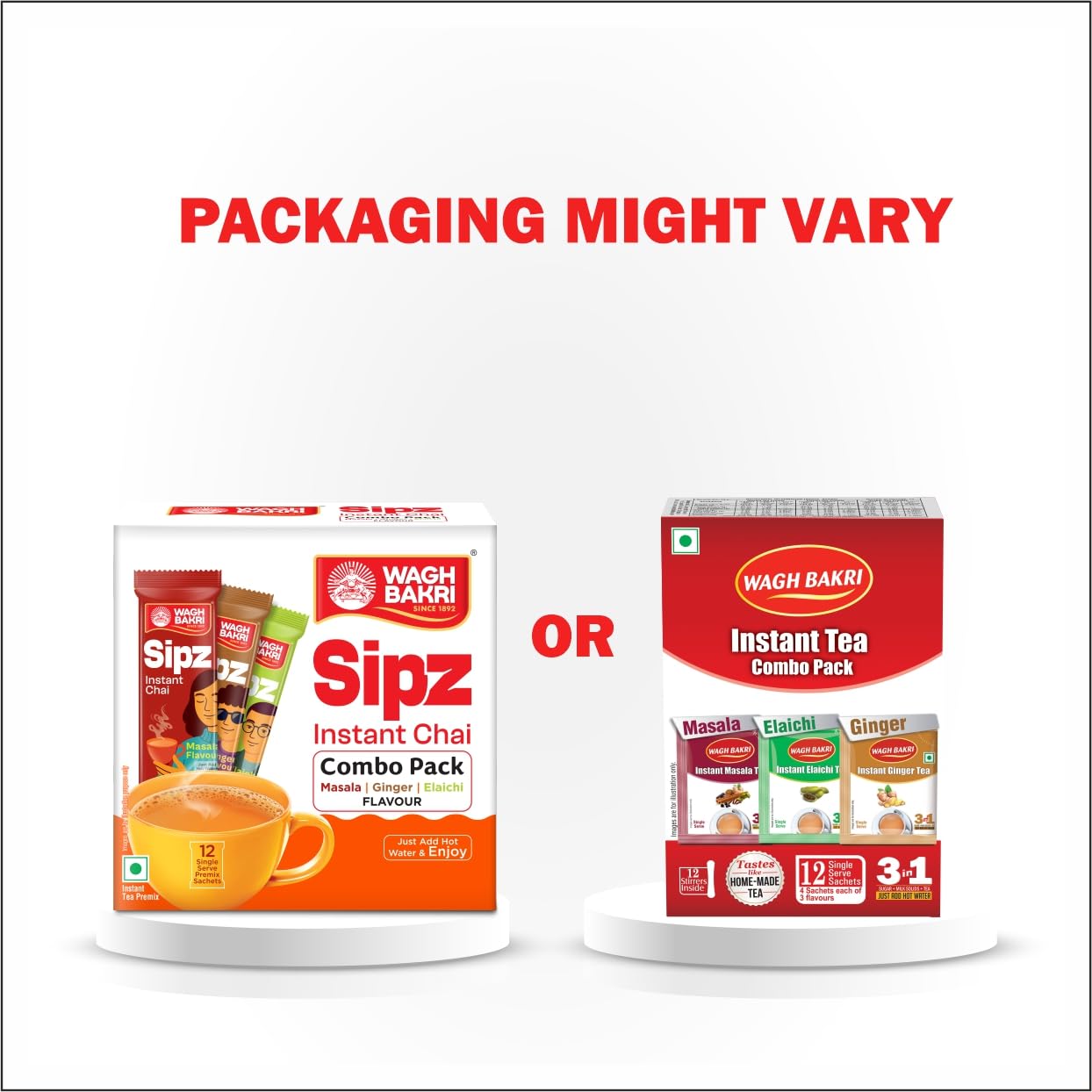 Wagh Bakri Instant Tea Premix, Masala, Cardamom & Ginger - 4 Sachets Each, Total 12 Sachet [International Pack]