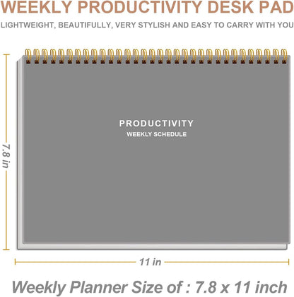 Weekly Productivity Planner - 8" x 11" Dashboard Desk Pad/Planner, Habit Tracker, Spiral Undated Weekly Planner for Office/School/Home, 54 Weeks, Grey