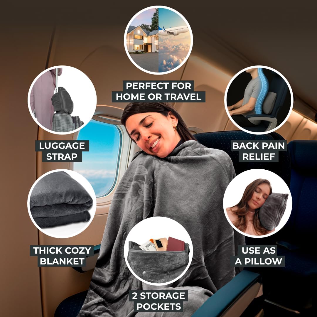 FlyHugz Grey Travel Blanket & Pillow Set (59.1"x47.2") with Carry Case