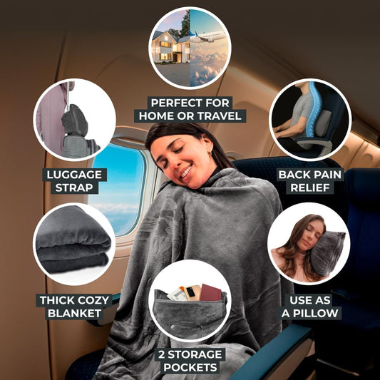 FlyHugz Grey Travel Blanket & Pillow Set (59.1"x47.2") with Carry Case