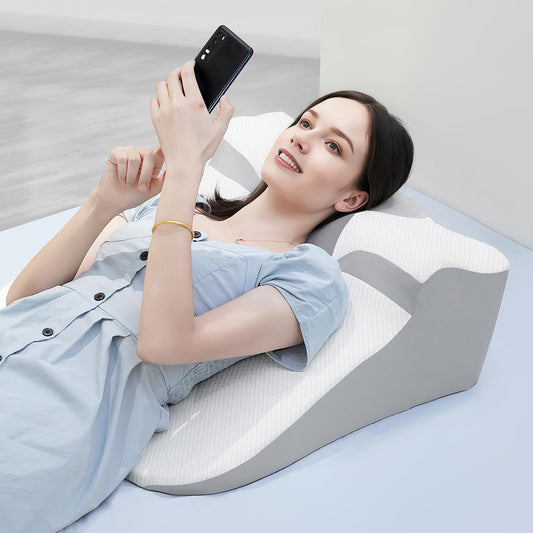 Bed Wedge Pillow for Sleep Apnea, Acid Reflux& Snoring Relief, Post-Surgery Recovery Pillow with Ergonomic 3-in-1 Certified Memory Foam for Back, Neck& Head Support (Pearl White)