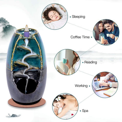SPACEKEEPER Ceramic Backflow Incense Holder Waterfall Incense Burner, Blue