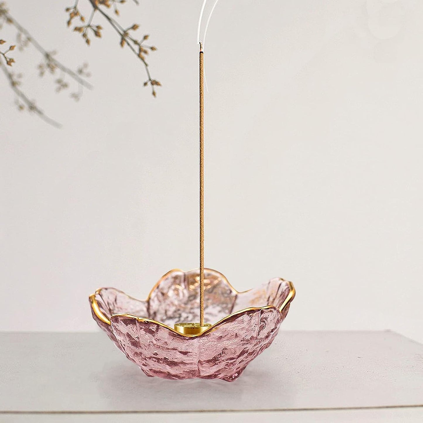 Incense Holder for Sticks and Backflow Incense, Handmade Glass Cherry Blossom Incenses Stick Holder with 9 Incenses Holes Incenses Burner Ash Catcher Ideal for Incense Burning, Home & SPA Decor