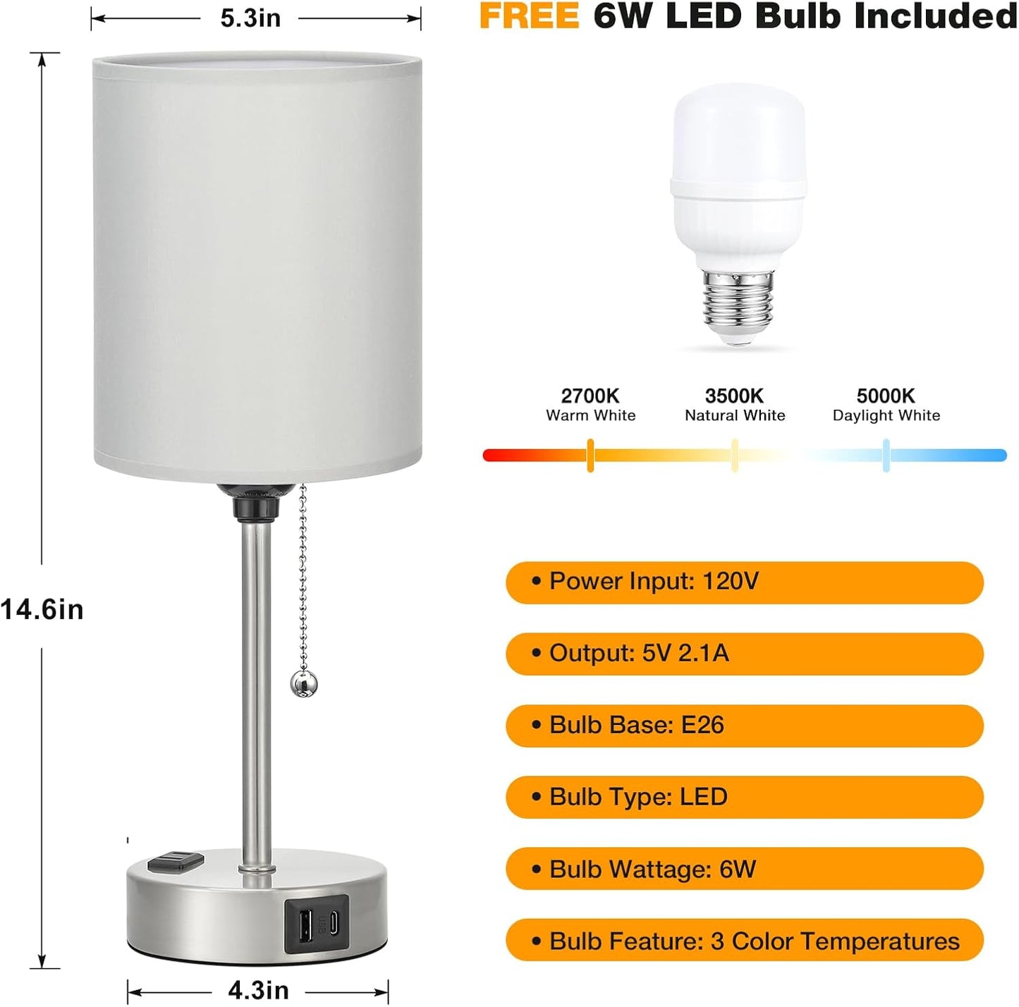 Small Bedside Table lamp for Bedroom - 3 Color Temperatures Bedside Lamps with USB C and A Ports, Pull Chain Table Lamps with AC Outlet, White Nightstand Lamps with Black Metal Base for Kids Reading