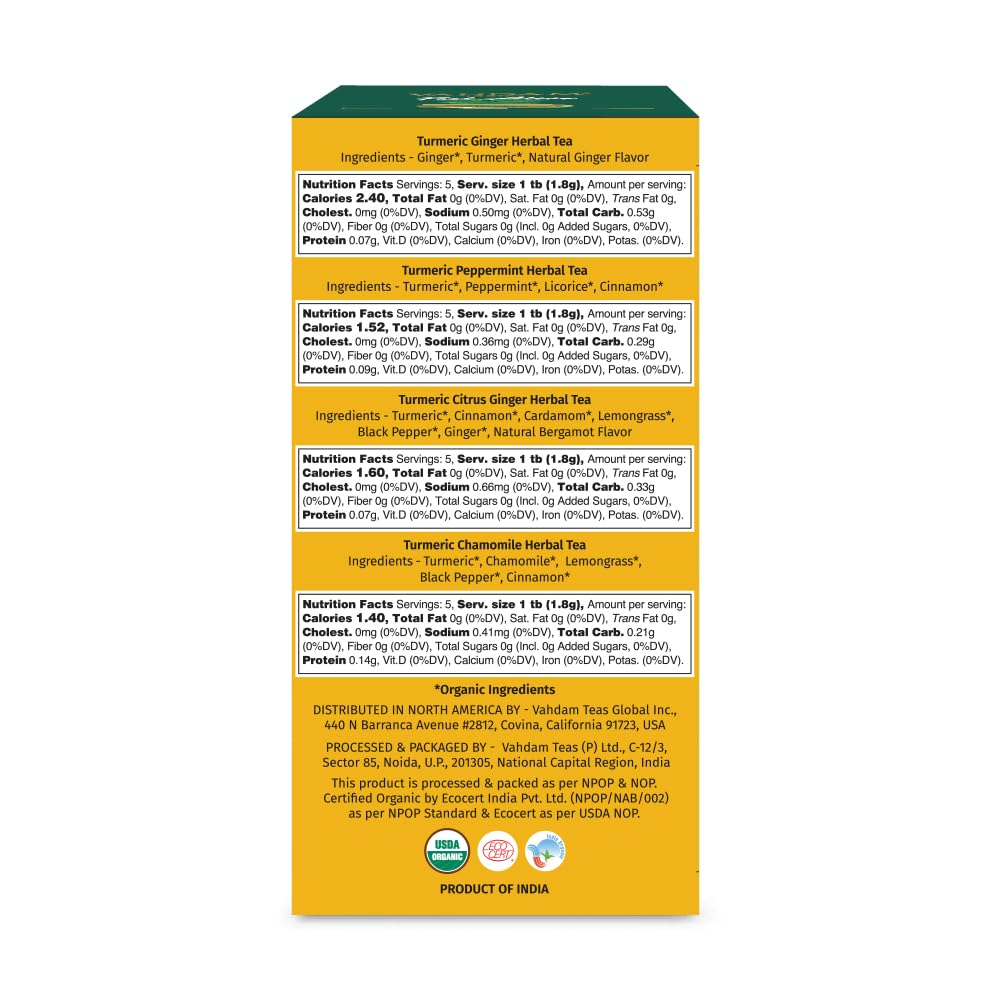 VAHDAM, USDA Organic Turmeric Herbal Tea Sampler (20 Tea Bags, 4 Flavors), Caffeine-Free, Gluten-Free |Turmeric with Citrus, Ginger, Chamomile & Peppermint Tea Variety | Individually Wrapped