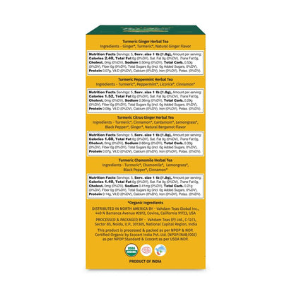 VAHDAM, USDA Organic Turmeric Herbal Tea Sampler (20 Tea Bags, 4 Flavors), Caffeine-Free, Gluten-Free |Turmeric with Citrus, Ginger, Chamomile & Peppermint Tea Variety | Individually Wrapped
