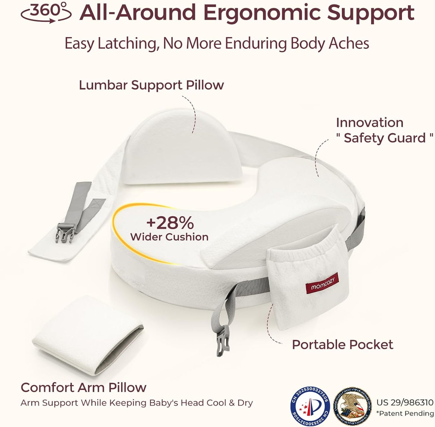 Momcozy CozyPro Nursing Pillow - All Around Lumbar & Arm Support - Safety Guard, Firm & Springy Memory Foam-Stable, Ergonomic Support, Easier Breastfeeding, Wider Cushion, Adjustable, Removable Cover