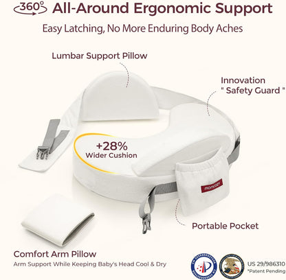 Momcozy CozyPro Nursing Pillow - All Around Lumbar & Arm Support - Safety Guard, Firm & Springy Memory Foam-Stable, Ergonomic Support, Easier Breastfeeding, Wider Cushion, Adjustable, Removable Cover