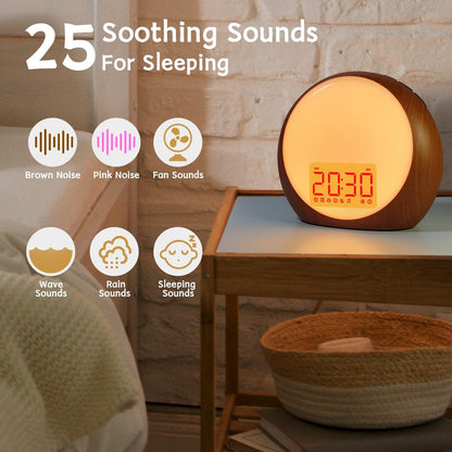 Wake Up Light Sunrise Alarm Clock White Noise Machine with Sunrise Sunset Simulation for Heavy Sleepers Kids Bedroom Dual Alarms Snooze Sound Brown Noise Machine with 25 Sounds for Sleeping