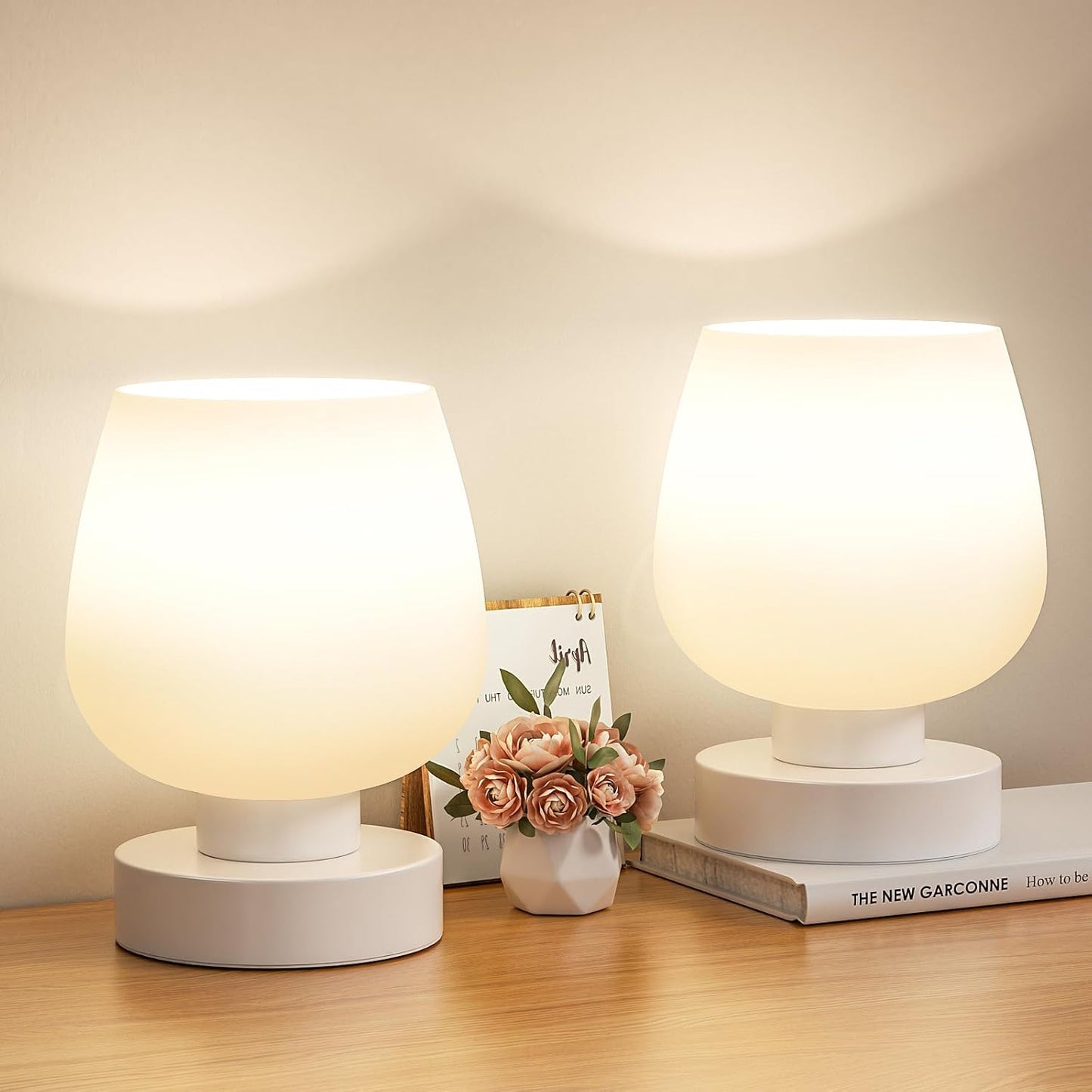 Seealle Touch Table Lamp for Nightstand - Small Bedside Lamp for Bedroom Living Room Night Stands, Desk Lamp with White Glass Shade for Small Spaces, 3 Way Dimmable, LED Bulbs, Gifts
