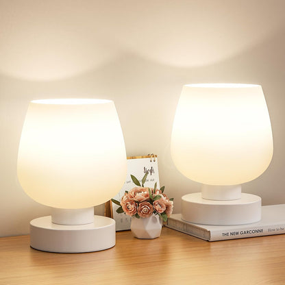 Seealle Touch Table Lamp for Nightstand - Small Bedside Lamp for Bedroom Living Room Night Stands, Desk Lamp with White Glass Shade for Small Spaces, 3 Way Dimmable, LED Bulbs, Gifts