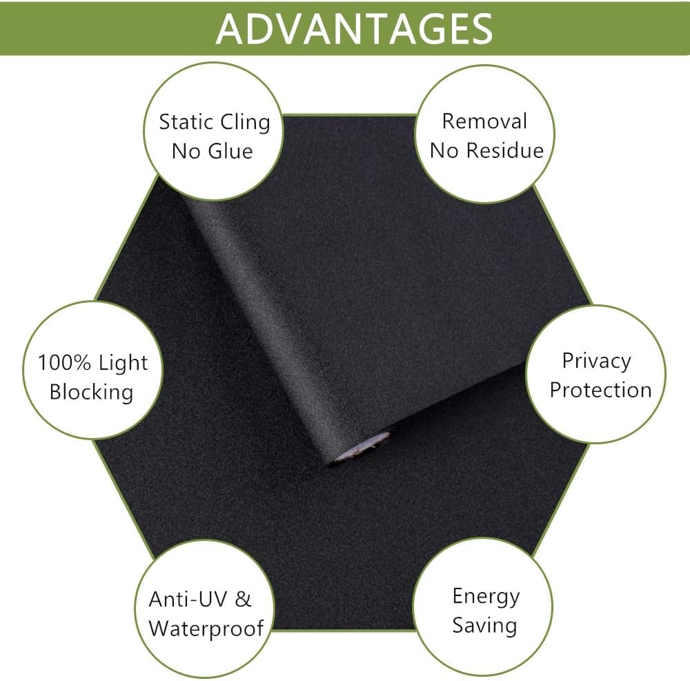 VELIMAX Static Cling Total Blackout Window Film Privacy Room Darkening Window Tint Black Window Cover 100% Light Blocking No Glue (17.7 x 78.7 inches)