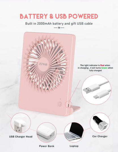 Zuvas Desk Fan Battery Operated Fan Rechargeable 180°Tilt Folding Personal Fan Ultra Quiet Small Portable 3 Speed Adjustable Strong Wind Fan For Office Bedroom Home Desktop Camping (White)