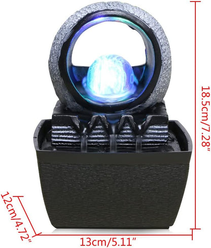 Indoor Tabletop Fountain, Mini Waterfall Fountains with Rolling Ball & LED Light, Fountain Fengshui Indoor Decoration with Silent Pump, for Zen Meditation, Fortune, for Home & Office