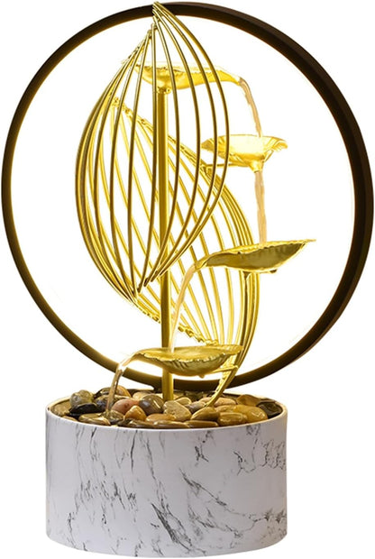 11‘’ H Gold Tabletop Water Fountain, Zen Desktop Waterfall, Indoor Lotus Desktop Decorative Fountain, Home Bathroom Bedroom Decor.