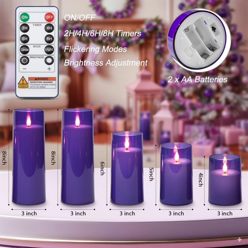 Homemory Gray Flickering Flameless Candles, Battery Operated Acrylic LED Pillar Candles with Remote Control and Timer, Halloween Decor, Set of 5