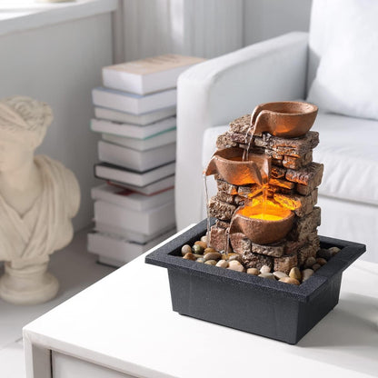 Haobos Indoor Tabletop Fountain 3-Tier Rockery Relaxation, Soothing Sound Home/Office/Bed Room Decor,Gifts for Mom/Grandma Relaxing Waterfall Meditation Tabletop Fountain LED Lights