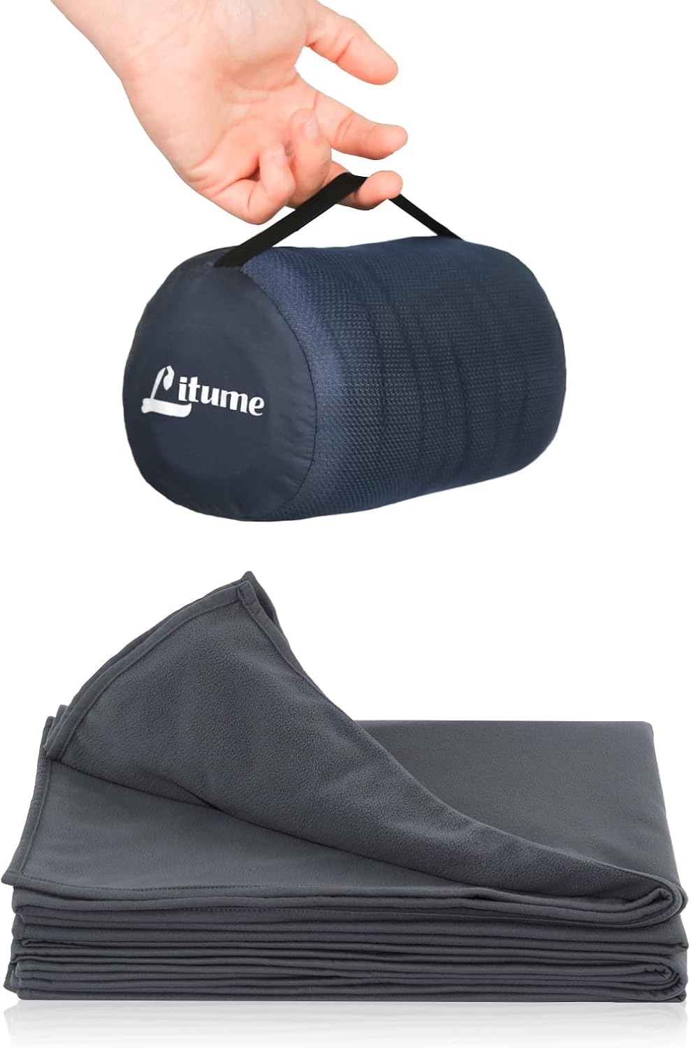 Litume Compact Travel Blanket for Airplane, Velvet, Dark Blue Gray