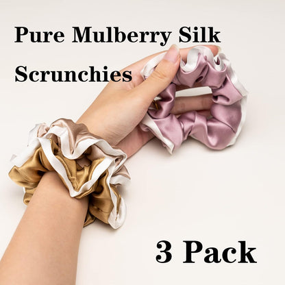 Silk Scrunchies for Hair 100% Mulberry Silk Hair Ties 3 Pack(Black, Navy Blue, Emerald)