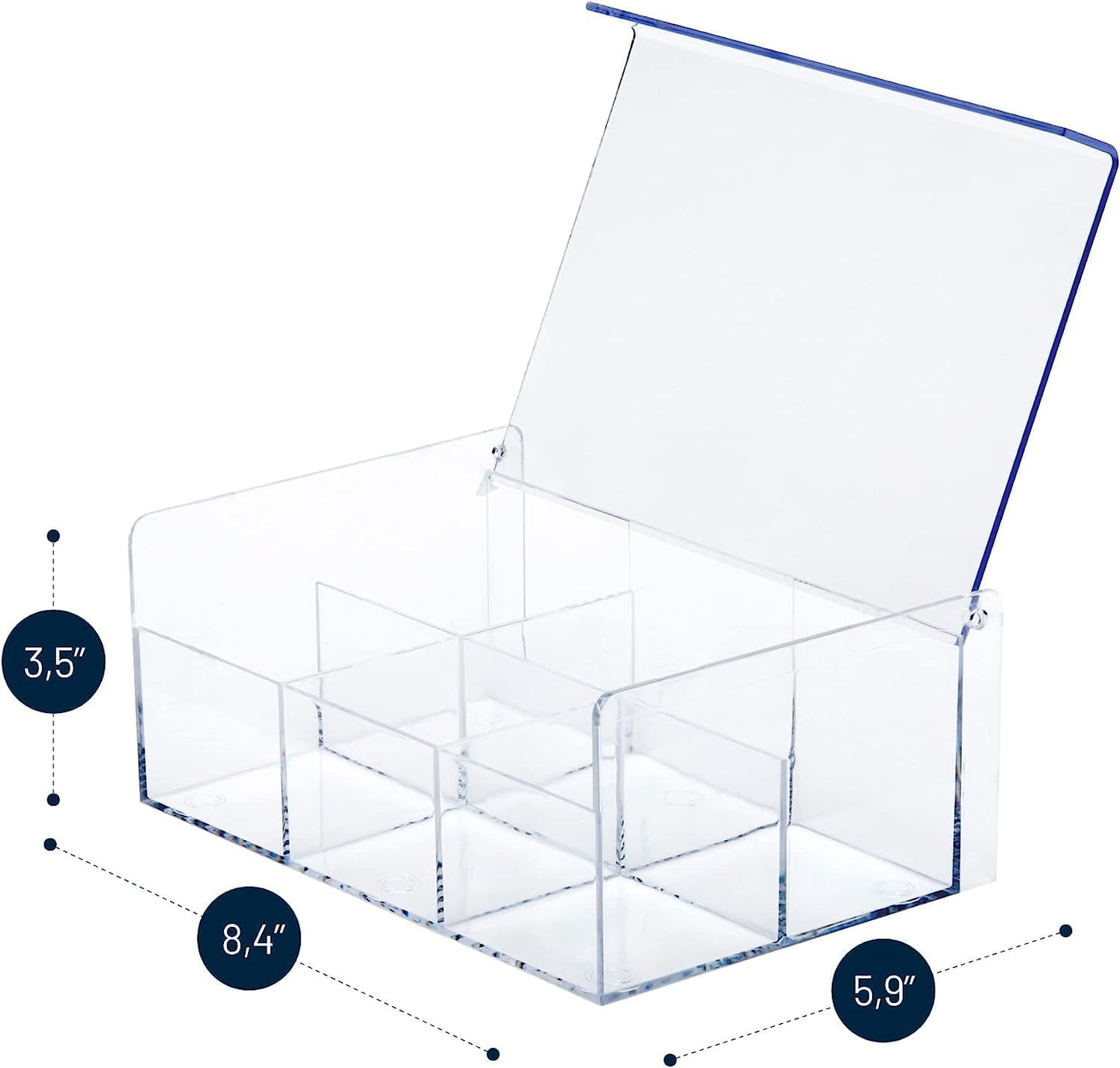 RoyalHouse Acrylic Tea Bag Holder Storage Organizer, 6 Compartment BPA Free Clear Plastic Tea Box with Lid, Multi-Purpose storage Box for Tea Bags, Office Supplies, Crafts, and Small Items.
