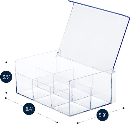 RoyalHouse Acrylic Tea Bag Holder Storage Organizer, 6 Compartment BPA Free Clear Plastic Tea Box with Lid, Multi-Purpose storage Box for Tea Bags, Office Supplies, Crafts, and Small Items.