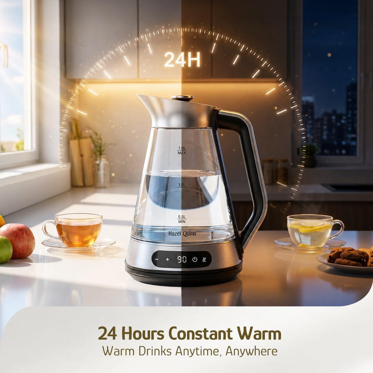 Hazel Quinn Glass & Stainless Steel Electric Kettle, 1.5 Liters Tea Kettle