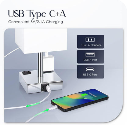 Bedside Table Lamp for Bedroom - Touch Small Lamp with USB C+A Charging Ports & AC Outlets, 3 Way Dimmable Nightstand Light for Living Room (LED Bulb Included, Grey)