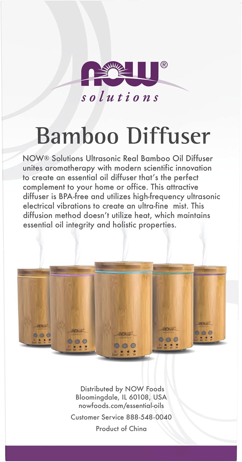 NOW Essential Oils, Ultrasonic Real Bamboo Aromatherapy Oil Diffuser, Extremely Quiet, Heat Free and Easy to Clean, Color Changing LED Diffuser