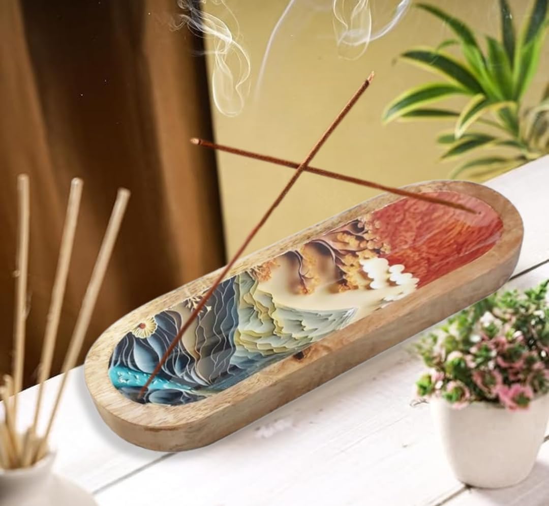 Bless-International Traditional-Handmade-Tray-Burner Wooden-Trat-Incense-Stick-Holder Ash-Catcher-Stand for-Aromatherapy-Meditation-Yoga 11x4x1.22 Inches (Wooden Tray)