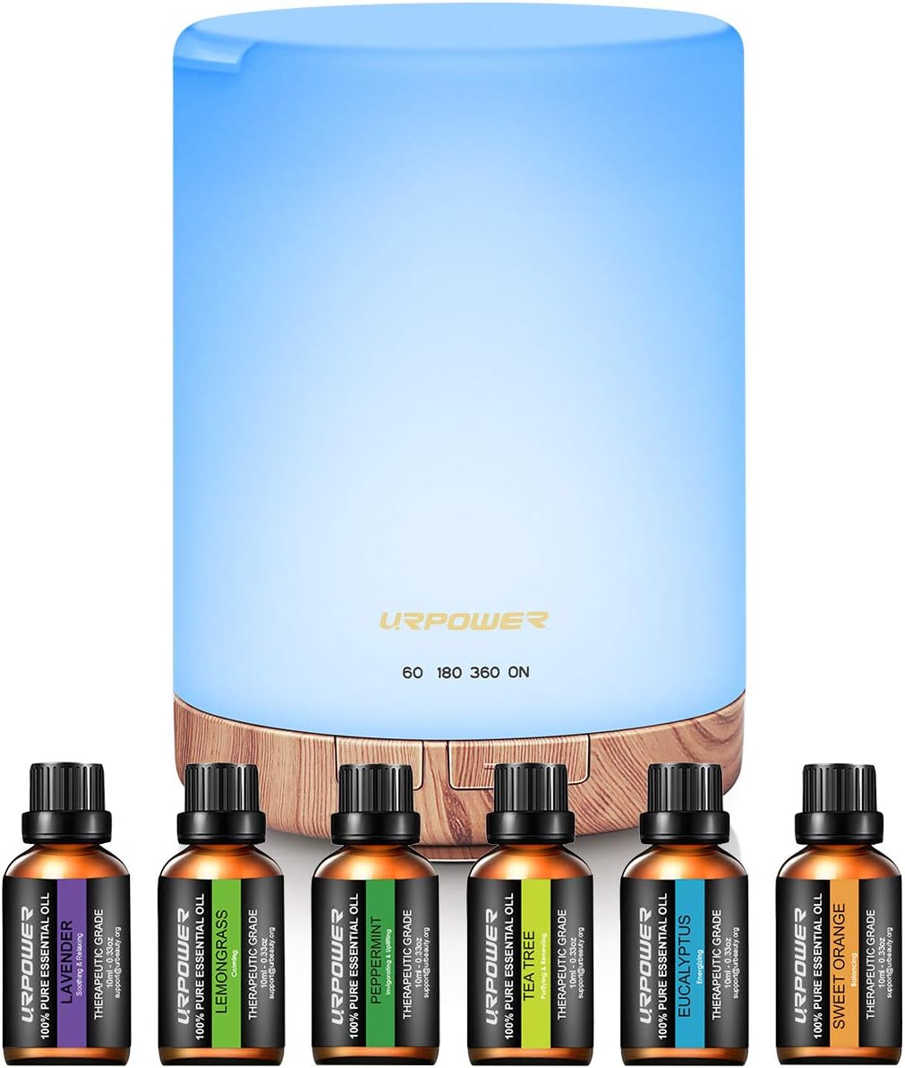 URPOWER 300ml Essential Oil Diffuser: Ultrasonic Aromatherapy Diffuser Quiet Auto Shut-Off, 4 Timer Settings(1H 3H 6H ON) & 7-Color Night Light Humidifier for Yoga Bedroom Living Room Office