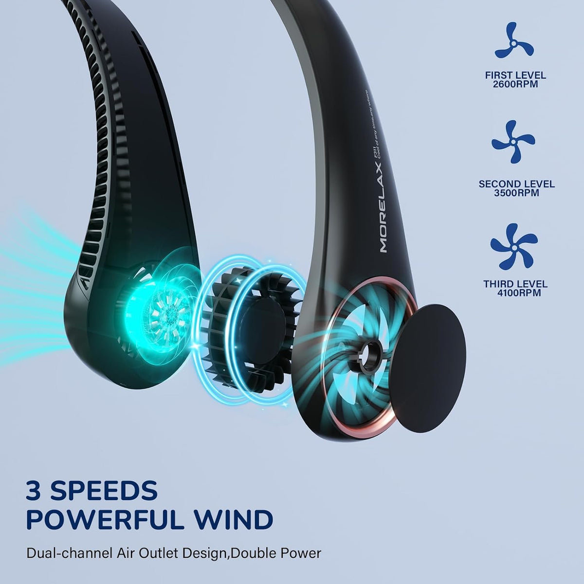 Morelax Neck Fan, USB Rechargeable Personal Fan,Hand Free Bladeless Portable Fans,4000 mAh, 3 Speeds,72 Air Faster softer 360° Cooling, Ultra Quiet,Gift Suitable for Home, Office, Travel, Sports