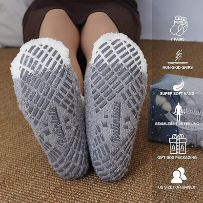 Bulinlulu Fuzzy Socks with Grips Plush Sleep Cozy Winter Soft Hospital Fluffy Socks for Womens Mens Gifts