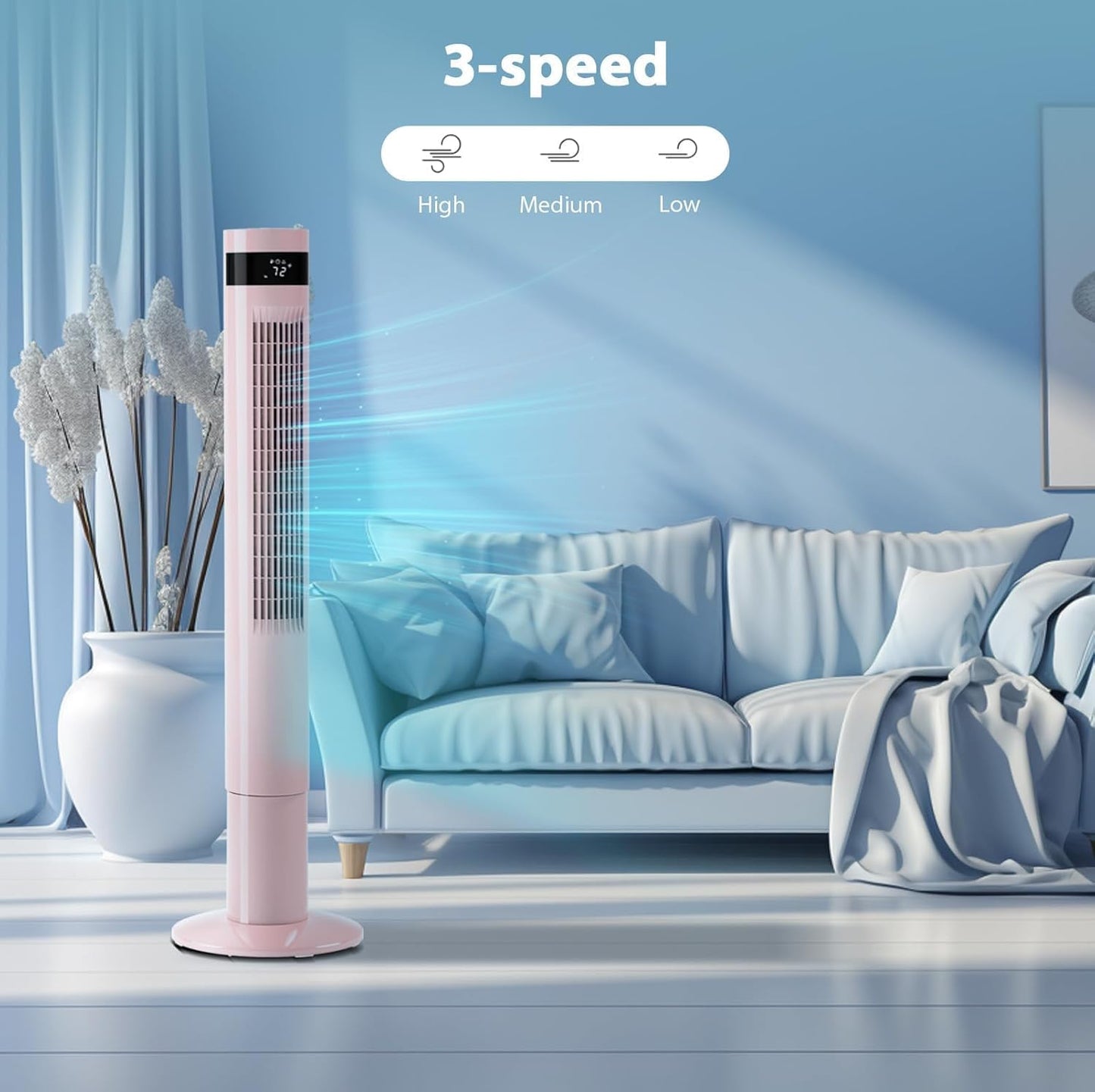 Antarctic Star Tower Fan 85°Oscillating Fan Quiet Cooling 12H Timer Remote Control Bladeless Electric 3 Speeds Wind 3 Modes, 42INCH, PINK