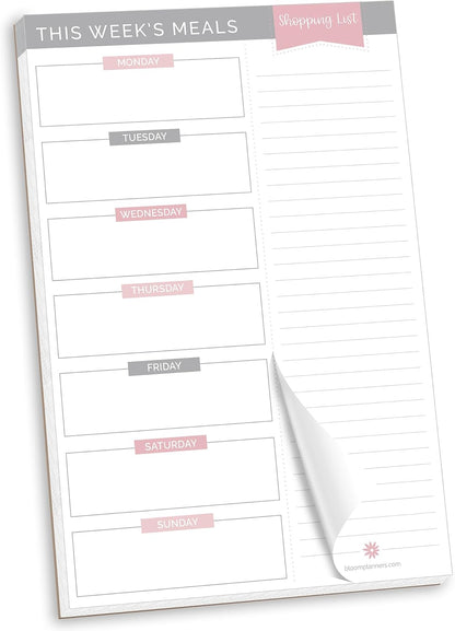 bloom daily planners Weekly Meal Planning Pad - Magnetic Hanging Refrigerator Menu Planner with Tear-Off Sheets & Perforated Grocery Shopping Lists - 6” x 9” (Pink Floral)