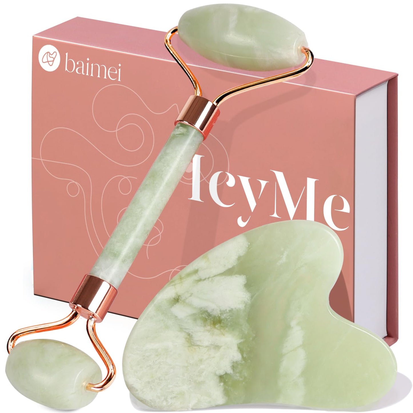 BAIMEI IcyMe Gua Sha & Jade Roller Set, Cooling Face Roller & Guasha Tool for Face Depuffing, Facial Sculpting & Jawline Definition, Smooth Rolling Skincare Tools Gifts for Women & Men – Green