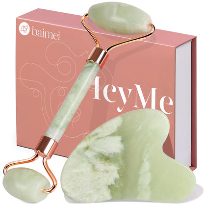 BAIMEI IcyMe Gua Sha & Jade Roller Set, Cooling Face Roller & Guasha Tool for Face Depuffing, Facial Sculpting & Jawline Definition, Smooth Rolling Skincare Tools Gifts for Women & Men – Green