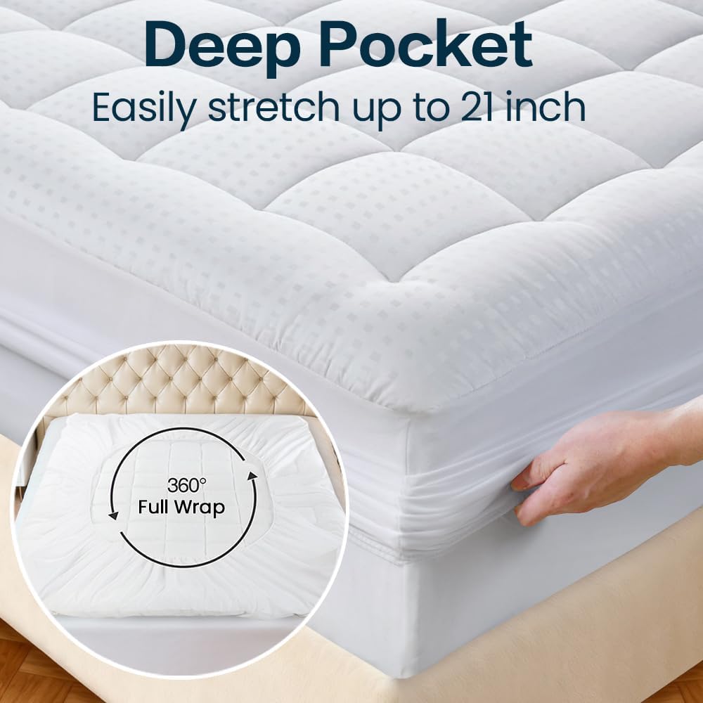 EASELAND Queen Size Mattress Pad Pillow Top Mattress Cover Quilted Fitted Mattress Protector Cotton Top Stretches up 8-21" Deep Pocket Cooling Mattress Topper (60x80 inch, White)