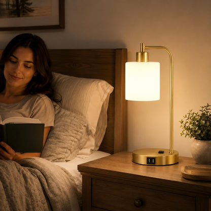 Set of 2 Industrial Touch Control Table Lamps with USB C+A Ports and AC Outlet - 3-Way Dimmable Black Bedside Lamps Nightstand Desk Lamps for Bedroom Living Room, Glass Shade & 2 LED Bulbs Included