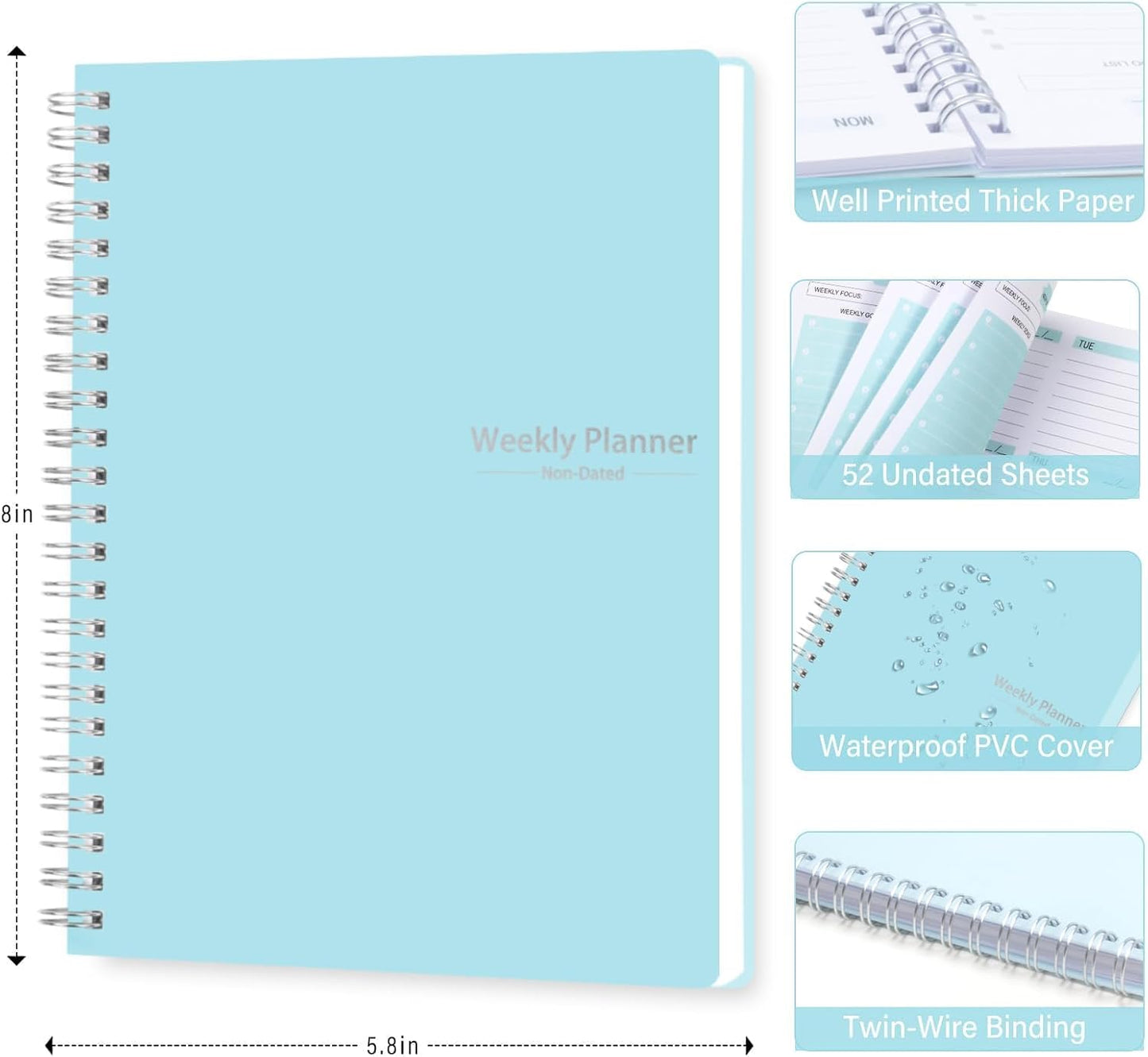 Undated Weekly Planner With Habit Tracker & To Do List 5.7 x 8.0 inch | Avoid Unfocused Busywork,Productivity Organizer,No-Bleed Thick Pages,Portable Size,Lay-Flat Spiral for Hands Free