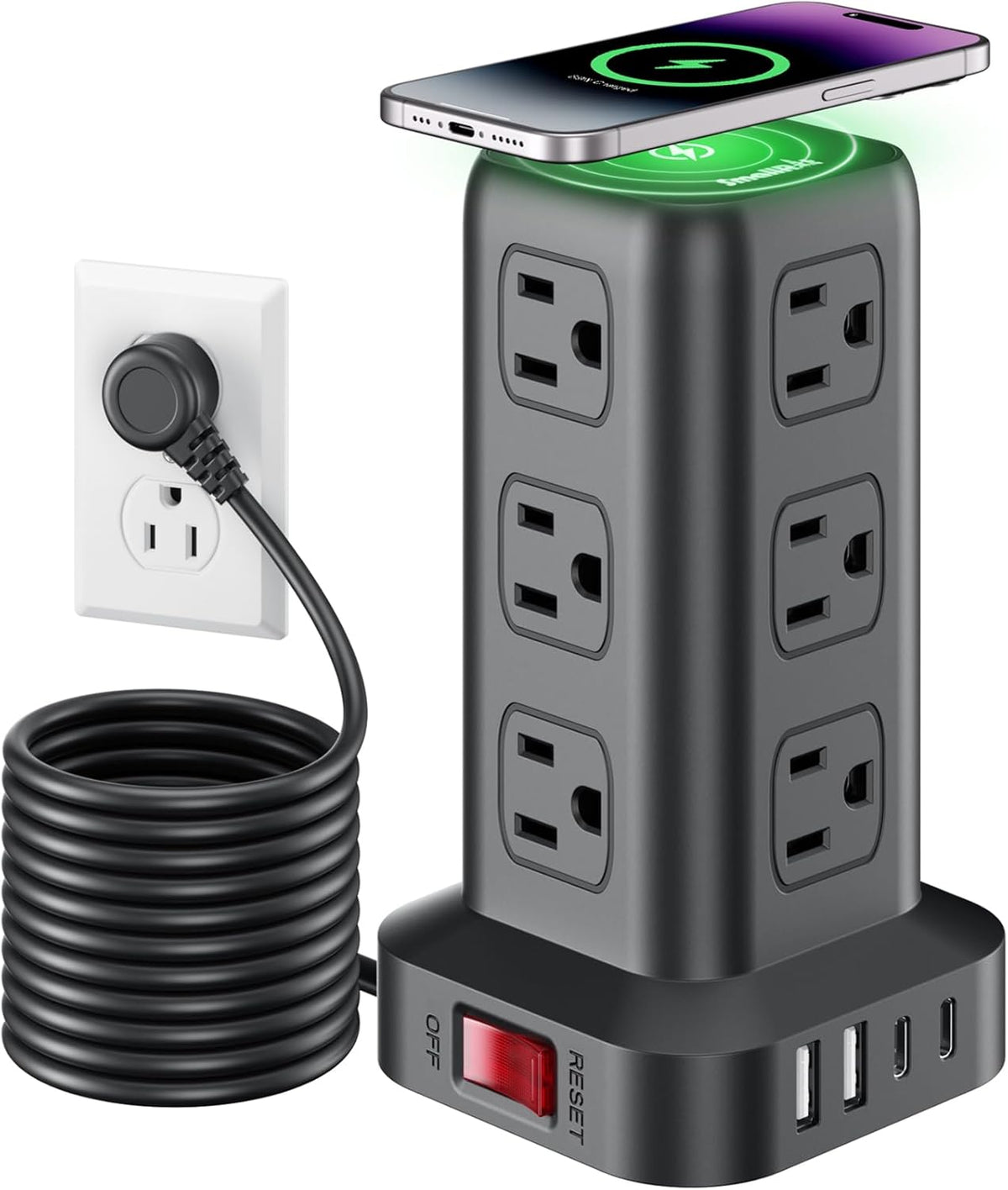 Extension Cord with Multiple Outlets, SMALLRT Power Strip Tower, Outlet Extender with 12 AC Outlets 4 USB, 6.5FT Extension Cord for Home Dorm Room, Office Supplies,Overload Protection
