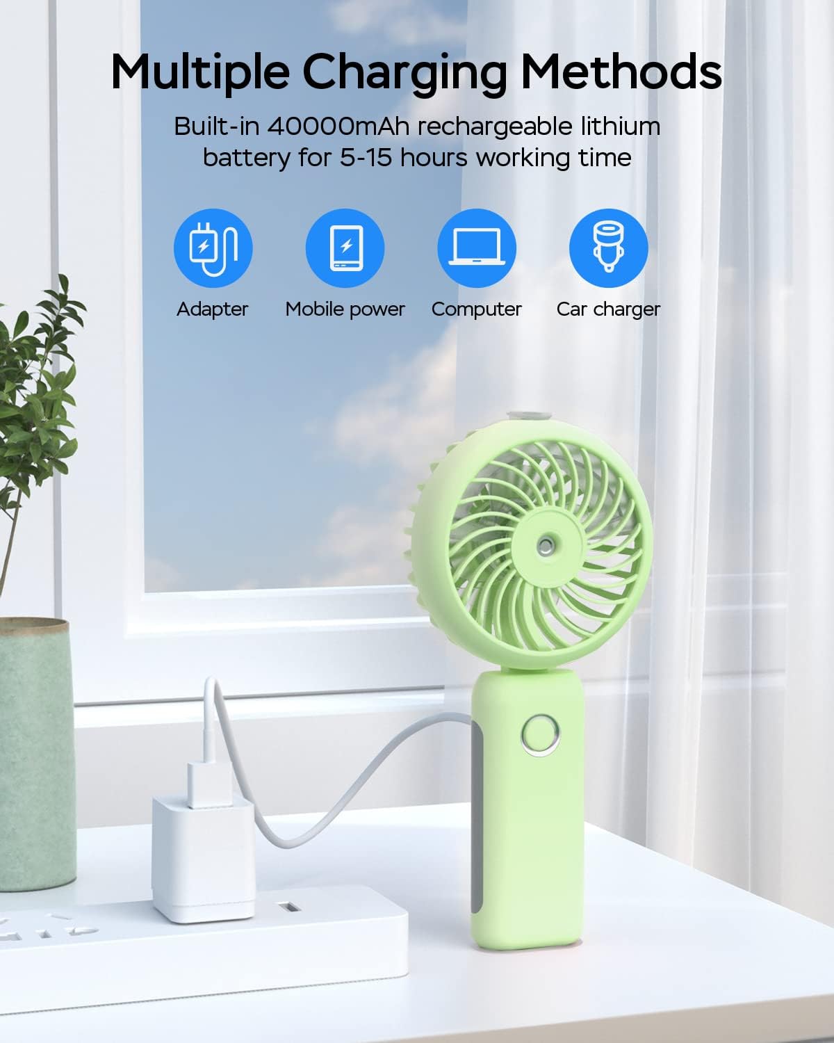 Portable Handheld Misting Fan, USB Rechargeable, Foldable with Water Tank, 3 Speeds, for Travel and Outdoors (purple)