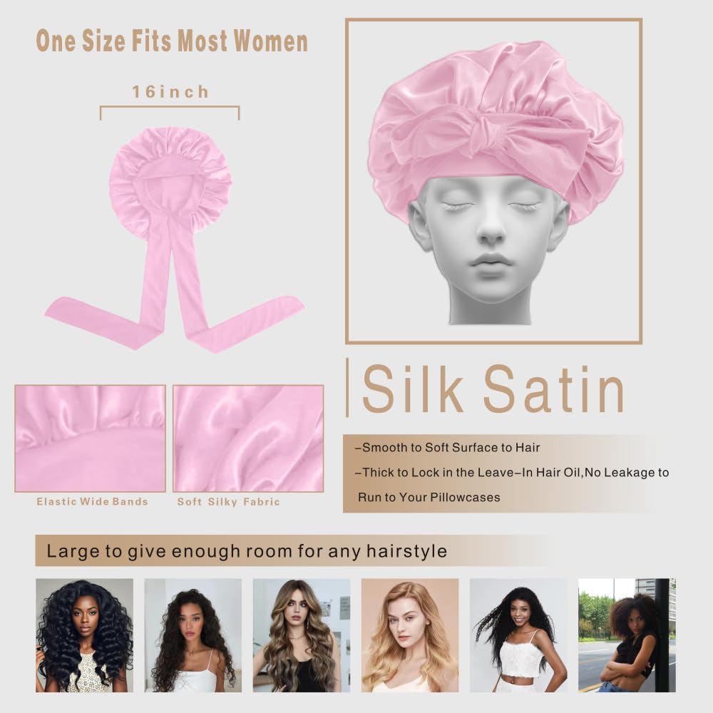 VECIIR Silk Bonnet for Sleeping Women, Ajustable Hair Bonnet for Curly Hairs Satin Bonnet Reduce Friction Prevent Frizz Black，Large