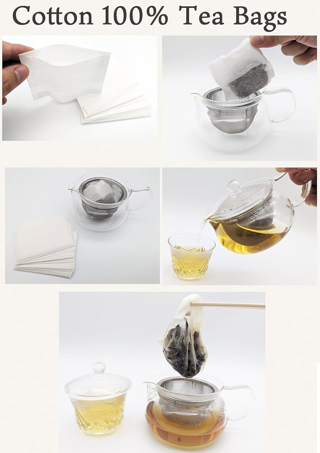 Tea bags for loose leaf tea Cotton100% Empty Disposable Unbleached Strainer Filter Bags ECO 30pcs x 4sets (3.7 x 2.8Inch)