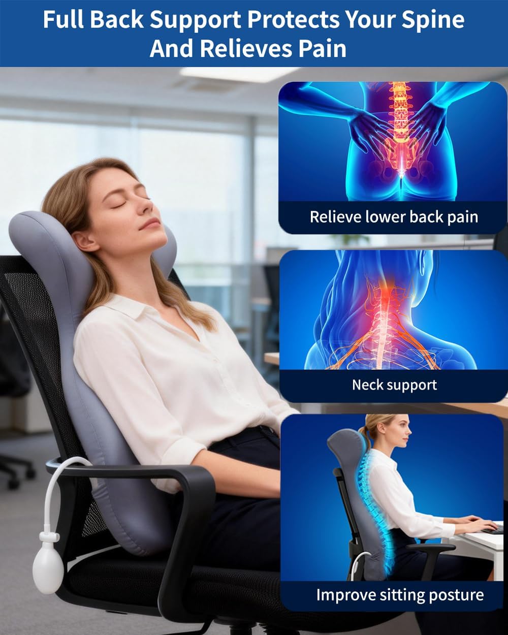 27.7'' Adjustable Airbag Full Back Lumbar Support Pillow, Back Pain Relief | High Memory Foam Lumbar Cushion for Office Chair Upper Lower Back Pain Relief, Improves Posture for Desk, Gaming Chair, Couch