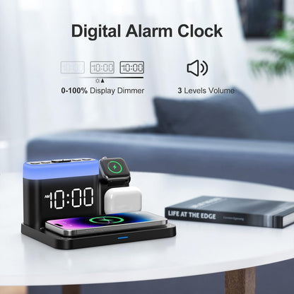 ANJANK Wireless Charging Station,5 in 1 Multiple Charger Stand with Alarm Clock,7 Night Light,Magnetic Charging Dock for iPhone 18 17 16 15 14 13 Pro Max Plus,Apple Watch 11/10/9/8,for Airpods,Bedroom