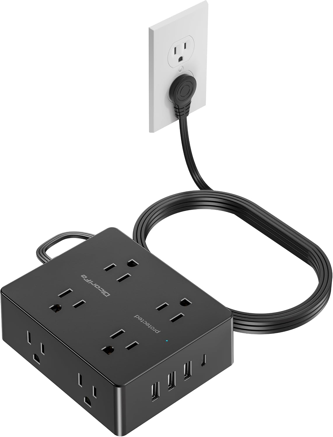 Olcorife Flat Plug Power Strip with 10 FT Extension Cord, 8 Outlets 4 USB Ports(1 USB C), 3 Sided Outlet Extender for Home Office Travel Dorm Room Essentials, White