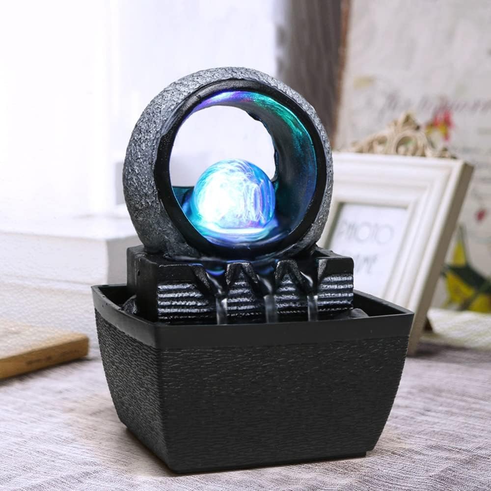 Indoor Tabletop Fountain, Mini Waterfall Fountains with Rolling Ball & LED Light, Fountain Fengshui Indoor Decoration with Silent Pump, for Zen Meditation, Fortune, for Home & Office