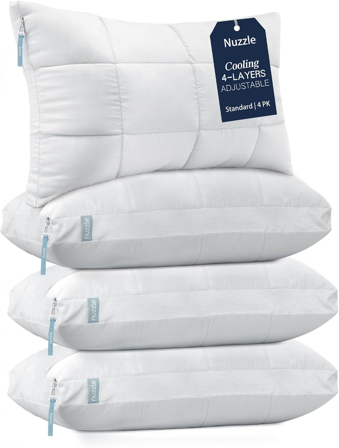 Nuzzle Cooling Adjustable Pillow for Side Sleepers,Queen Size Bed Pillow 4 Pack – Hotel Luxury Neck Support, Height Adjust Soft Sleeping Pillow for Back, Stomach or Side Sleepers-Home Gift