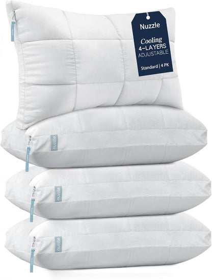 Nuzzle Cooling Adjustable Pillow for Side Sleepers,Queen Size Bed Pillow 4 Pack – Hotel Luxury Neck Support, Height Adjust Soft Sleeping Pillow for Back, Stomach or Side Sleepers-Home Gift
